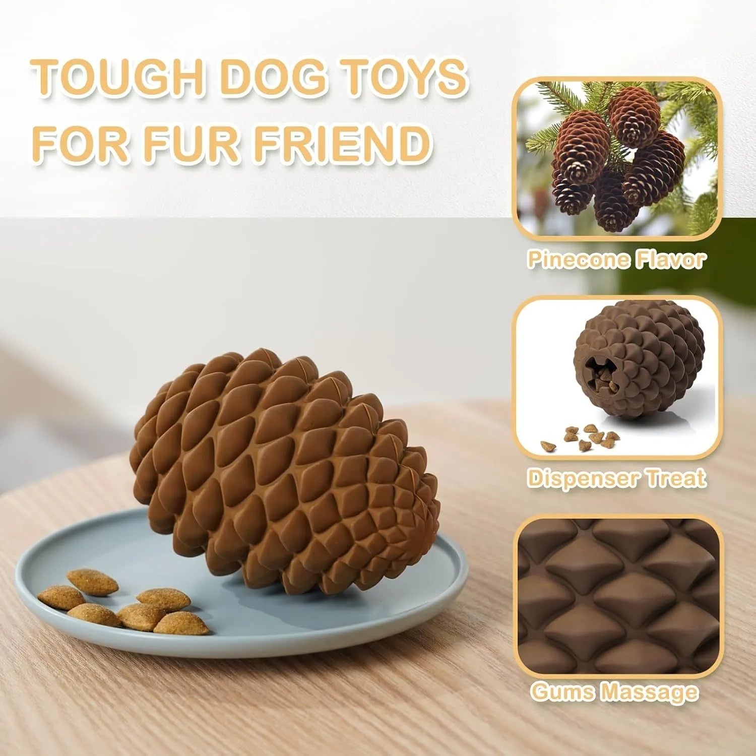 Yellow pine cone-shaped natural rubber dog chew toy with treat dispenser hole