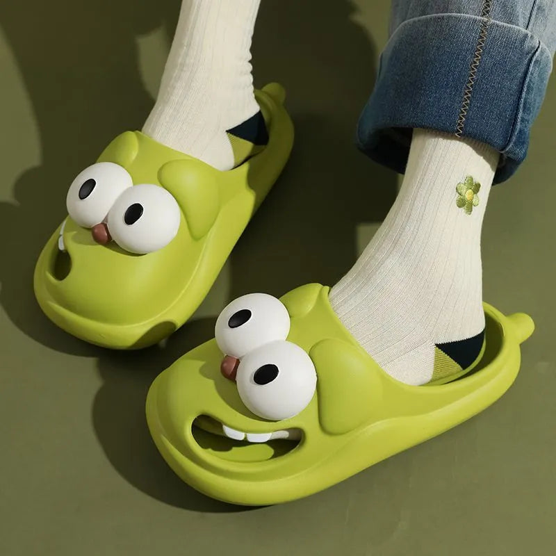 Cartoon big eye dog slippers for women, PVC upper, green colour, fun animal face design