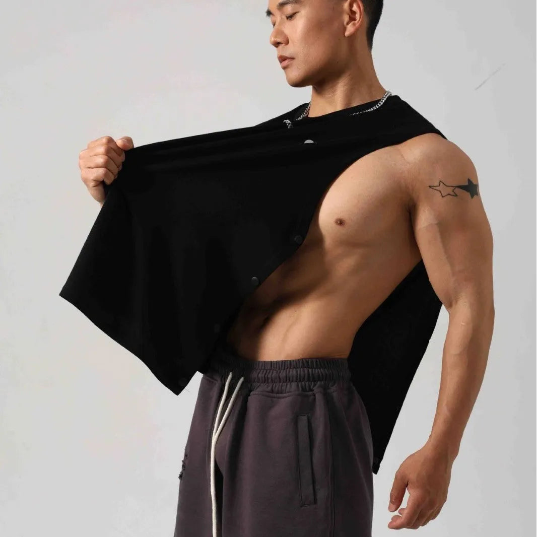 Men's black Korean style fitness vest with hidden hook side openings and loose fit design