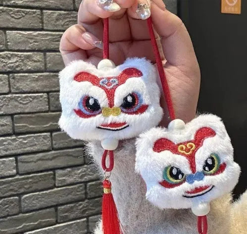 Handmade Chinese style plush lion tassel ornament keychain with star stone details in blue colour