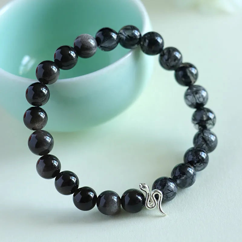 925 silver snake beaded couple bracelet with natural sunstone and black crystal beads on unisex chain
