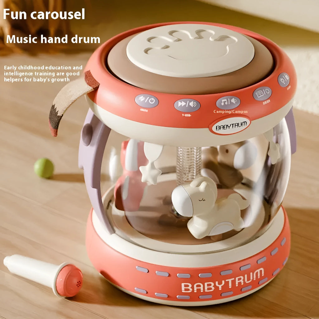 Children's carousel park hand drum toy in green with rechargeable battery and adjustable volume