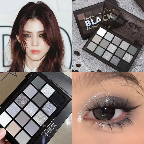 Night Elf 15-colour eye shadow palette open, showing matte and shimmer pans in smoky earth tones.