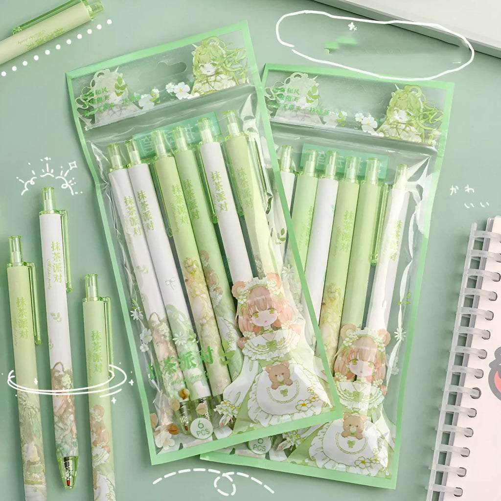 Pack of six plastic neutral pens with 0.5mm stainless steel nib in various colours including blue, green, pink, and matcha party style