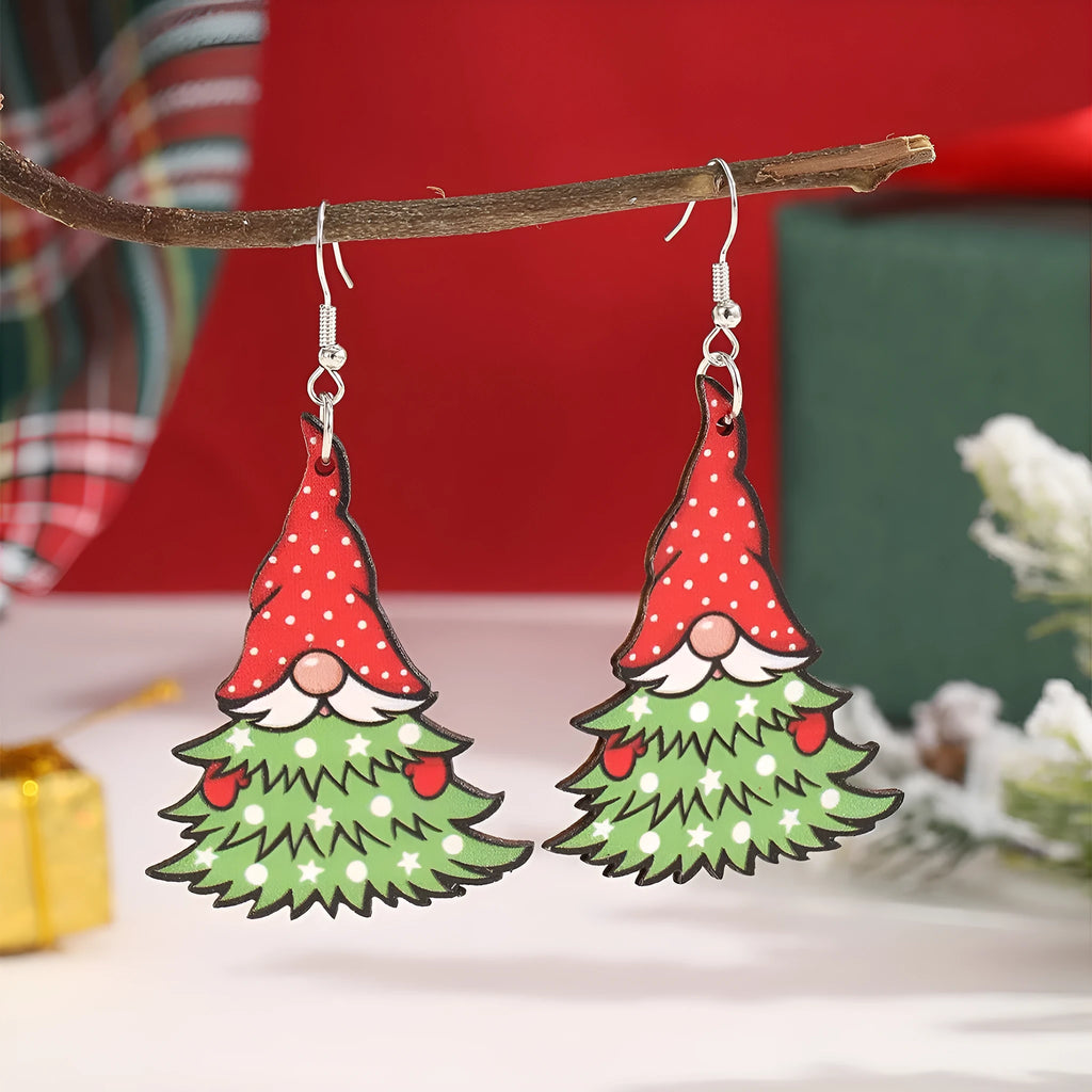 Women's wooden Christmas earrings with geometric shapes featuring Christmas tree and snowman designs