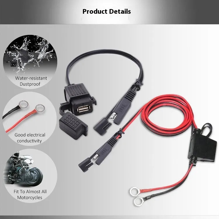 USB SAE adapter for motorcycle phone and GPS charging, black ABS housing with copper contacts