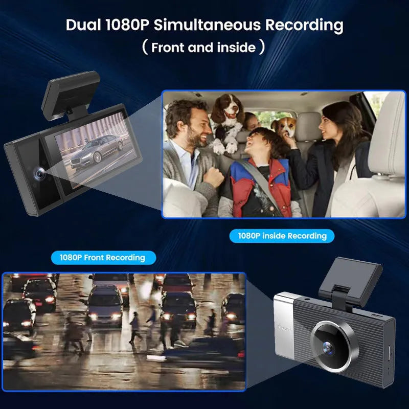 WIFI driving recorder with 3-inch screen showing multiple lens configuration options