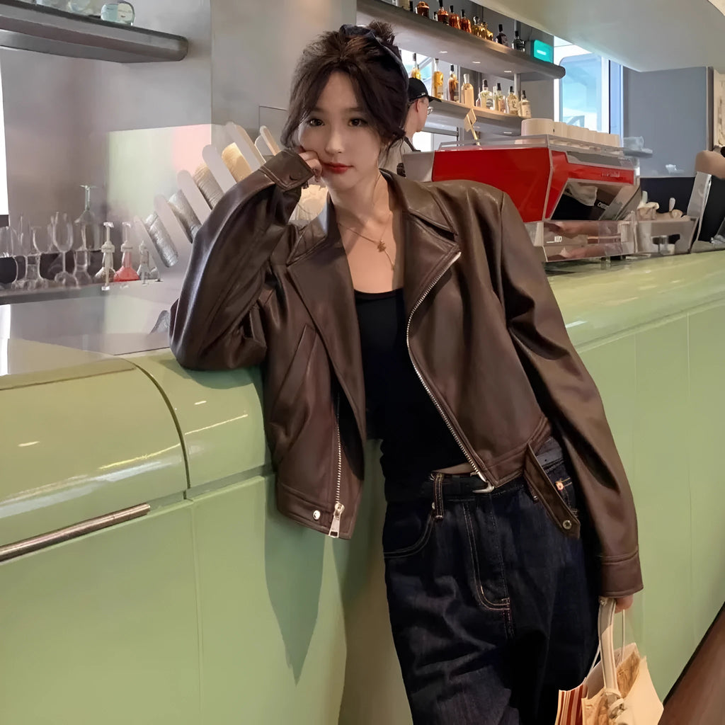 Women's brown retro imitation leather jacket with 40cm length, slim fit, regular sleeves and pocket detailing