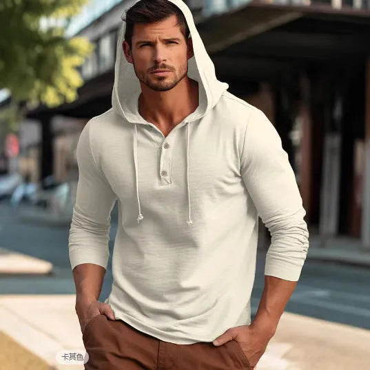 Cotton pullover hoodie in dark blue, apricot, black, blue, white, or light green with long sleeves.