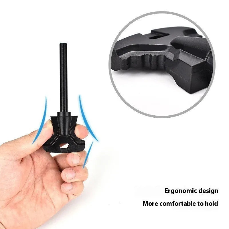 Butterfly-shaped metal fire starter tool with bottle opener, shown with dimensions 117mm by 43mm.