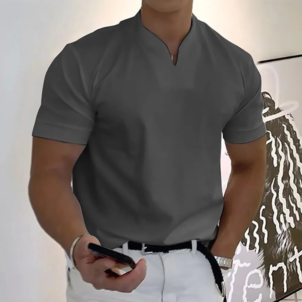 Summer short sleeve shirt for men in plus size with pocket, loose fit stand collar, plain pattern, acetate fibre blend