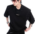 Black short sleeve T-shirt with a lace-up cutout design detail on the front.