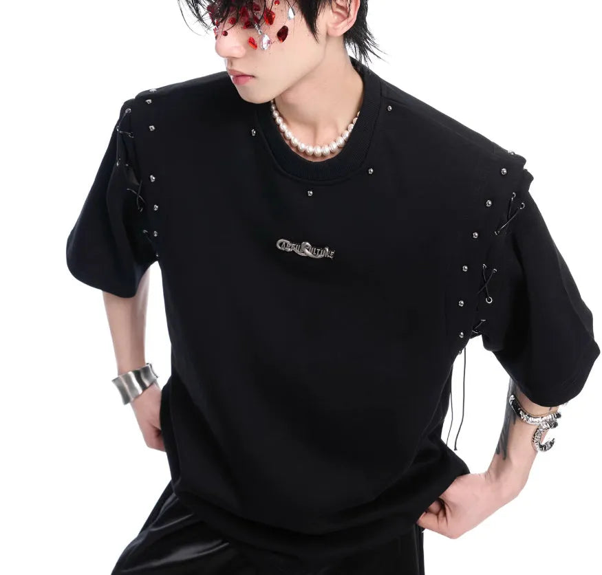 Black short sleeve T-shirt with a lace-up cutout design detail on the front.