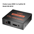 HDMI one input two output 4K video splitter with US plug, EU plug, and USB cable options