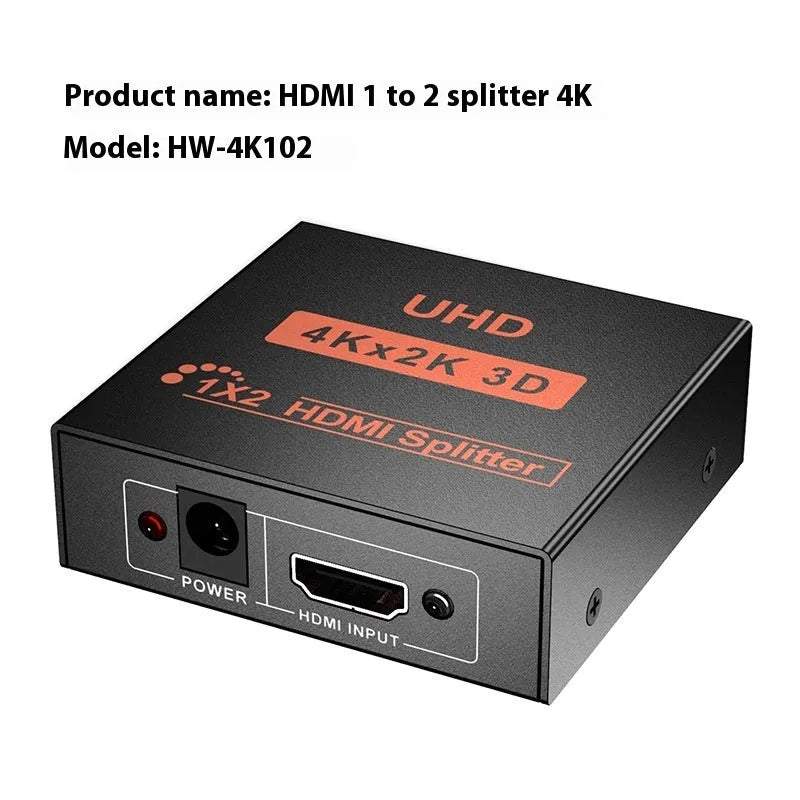 HDMI one input two output 4K video splitter with US plug, EU plug, and USB cable options
