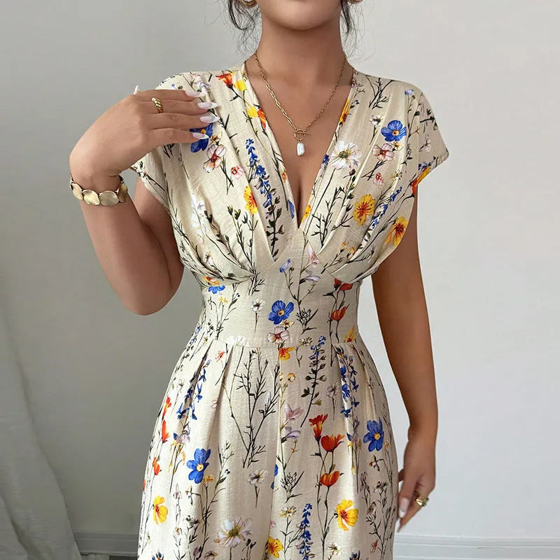 Apricot high-waist wide-leg pants with short sleeves and waist-cinching fit, polyester, sizes S to XL
