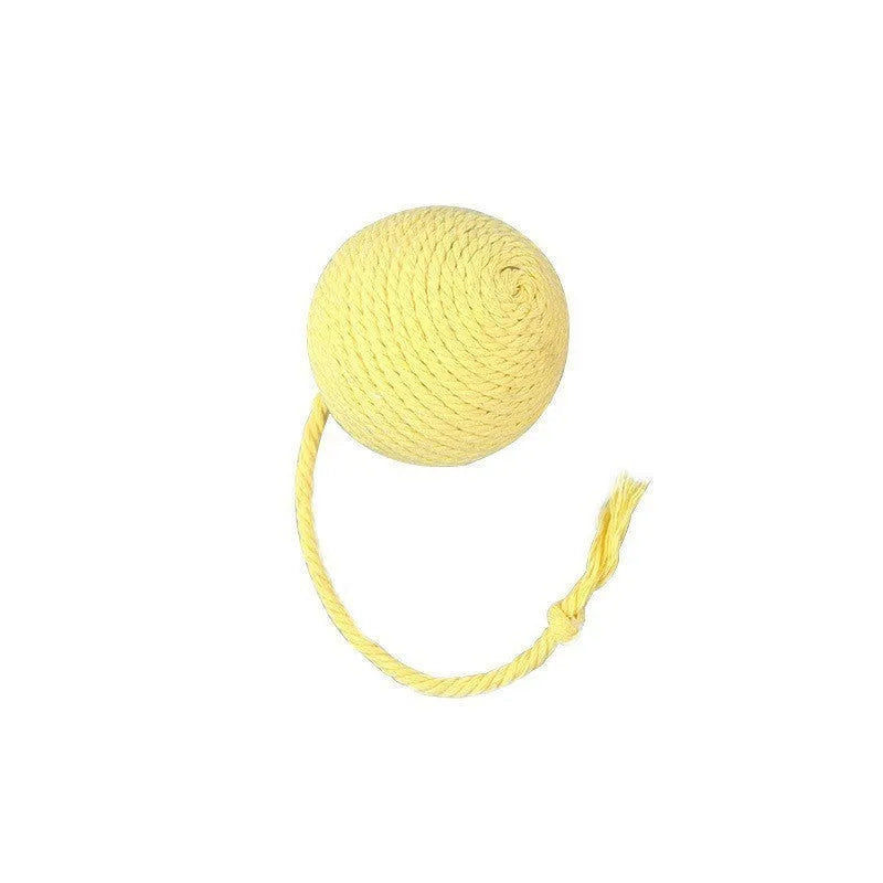 Colourful cat toy ball with attached rope, internal bell makes sound when rolled