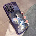 Transparent TPU glitter lens phone case for iPhone with fall protection, deep purple decorative rabbit pattern.