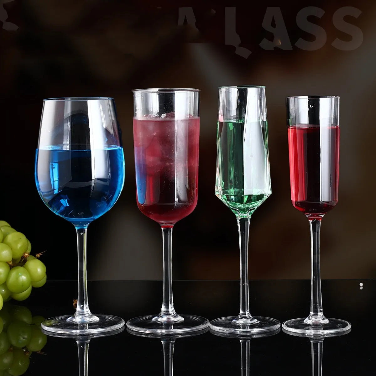 Modern minimalist plastic wine glass in clear food grade material showing 550ml and 300ml capacity options