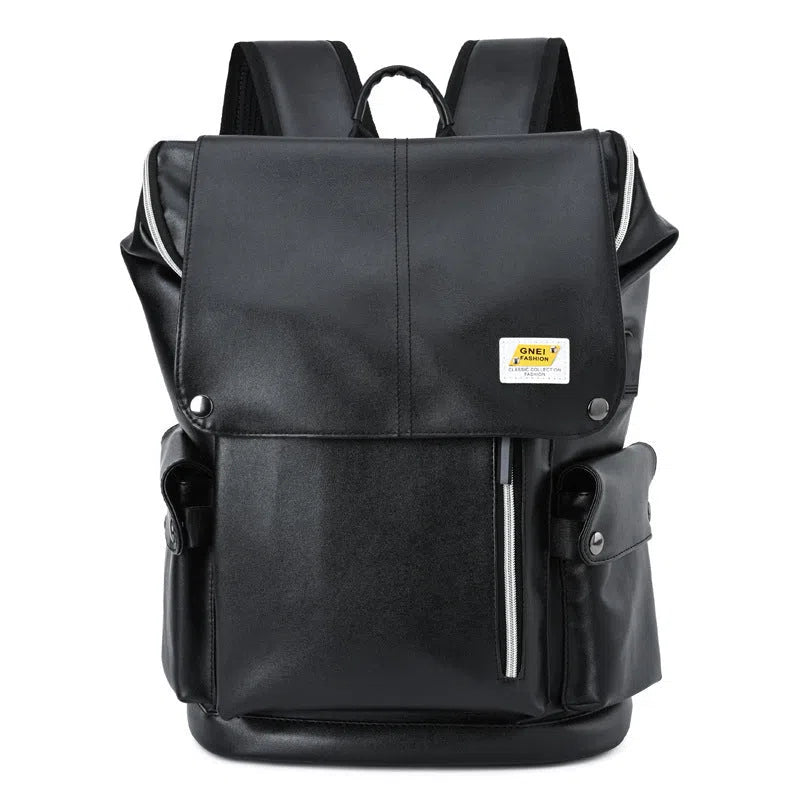Large-capacity black water-resistant PU leather backpack for students, 16-inch size, featuring curved shoulder straps and solid colour finish