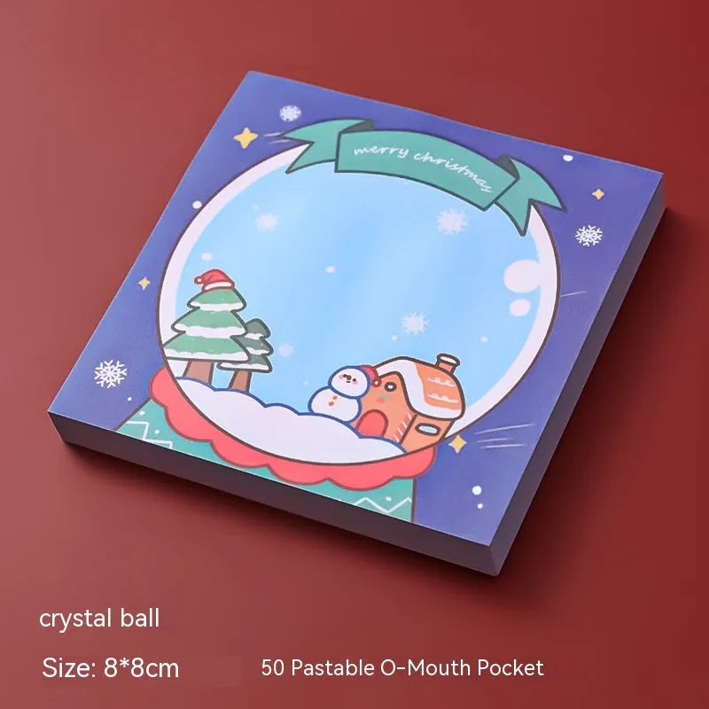 Christmas cartoon sticky notes pad with Santa, snowman, elf, gift, sled, house, bear and crystal ball designs