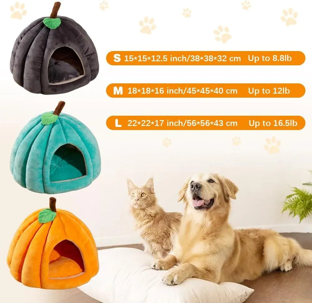 Pumpkin-shaped plush cat cave bed with a round opening, shown in grey colour.