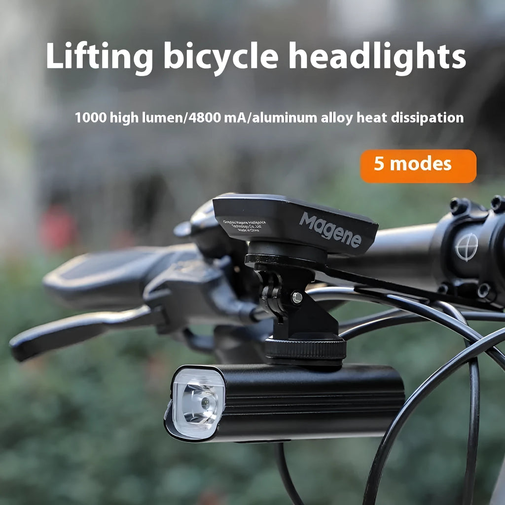 New bicycle headlight and taillight set with USB charging cable and mounting bracket on a handlebar.