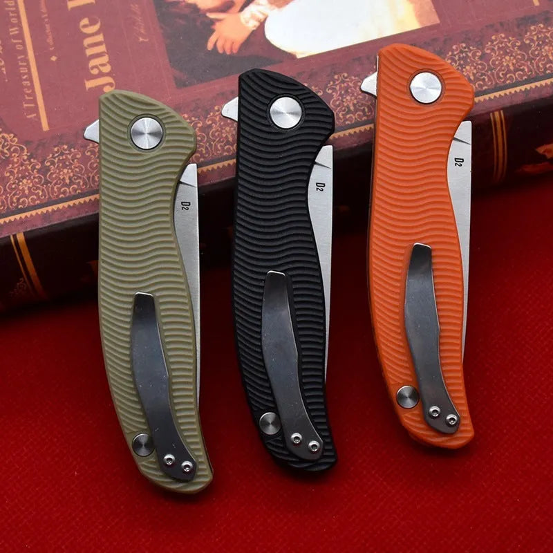 Outdoor folding knife with 9.6cm D2 steel blade and black nylon glass fibre handle