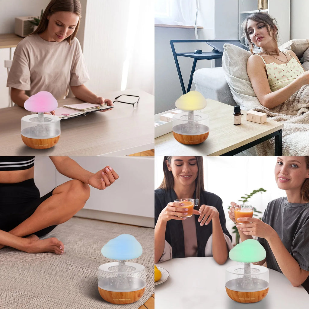 White raining cloud shaped humidifier with LED mood lights and water drop effect