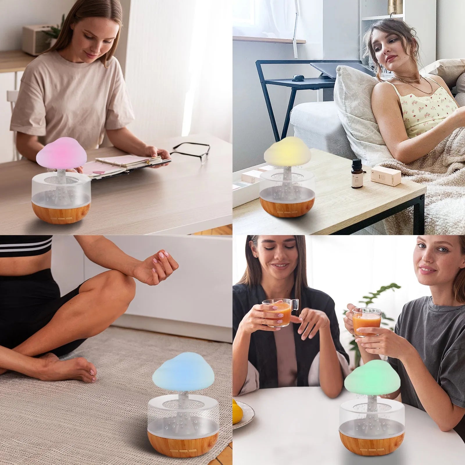 White raining cloud shaped humidifier with LED mood lights and water drop effect