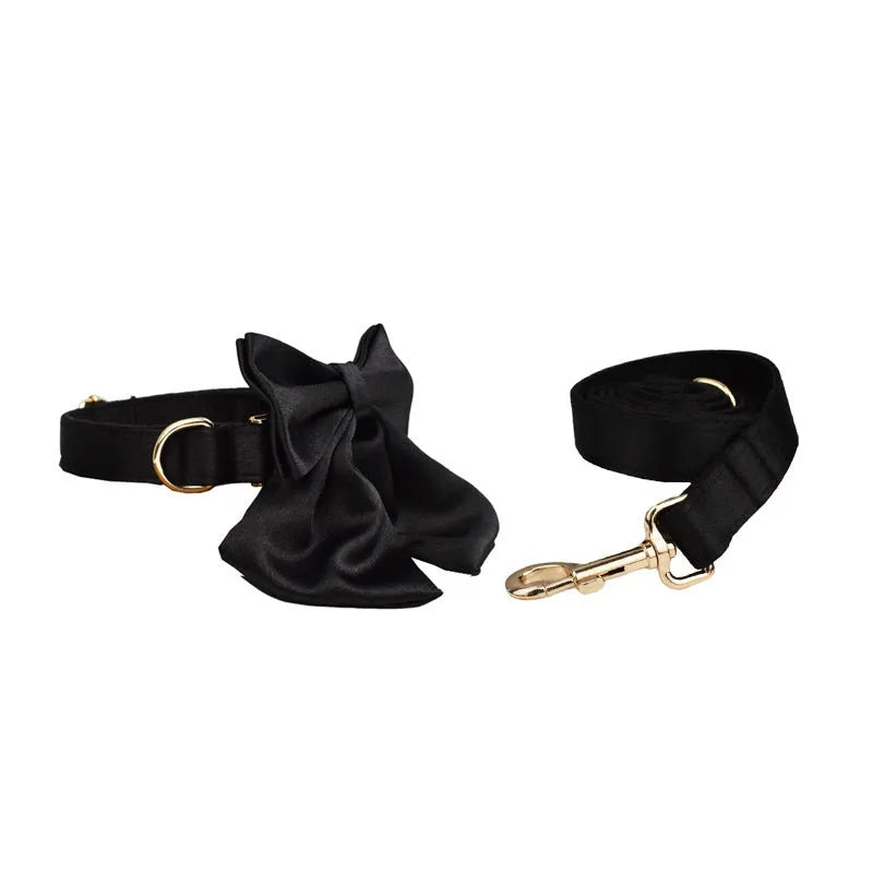 Cloth dog collar leash set with matching bow and vest accessories in multiple colours