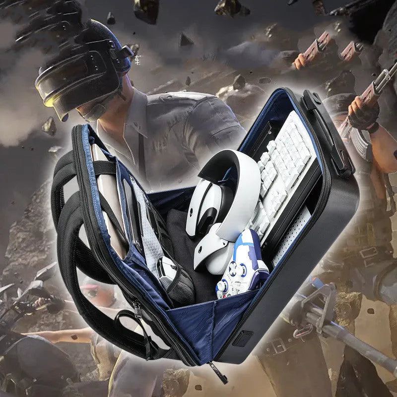 PC hard shell gaming backpack in black or silver with multiple compartments and shoulder straps