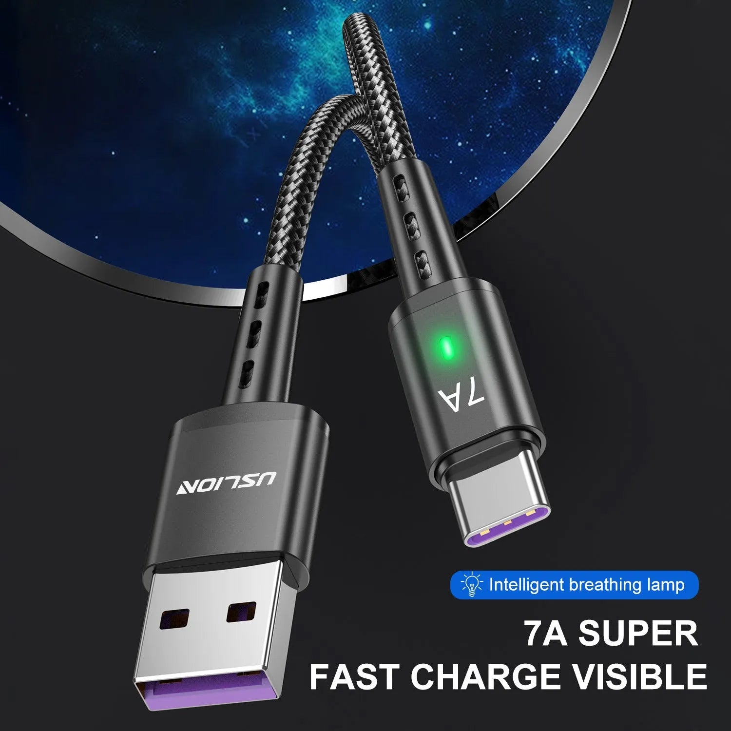 Braided Type-C charging cable 2 metres long, black nylon exterior with aluminium alloy connector and indicator light