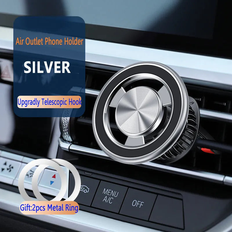 Black car air vent magnetic phone bracket attached to dashboard vent with smartphone mounted
