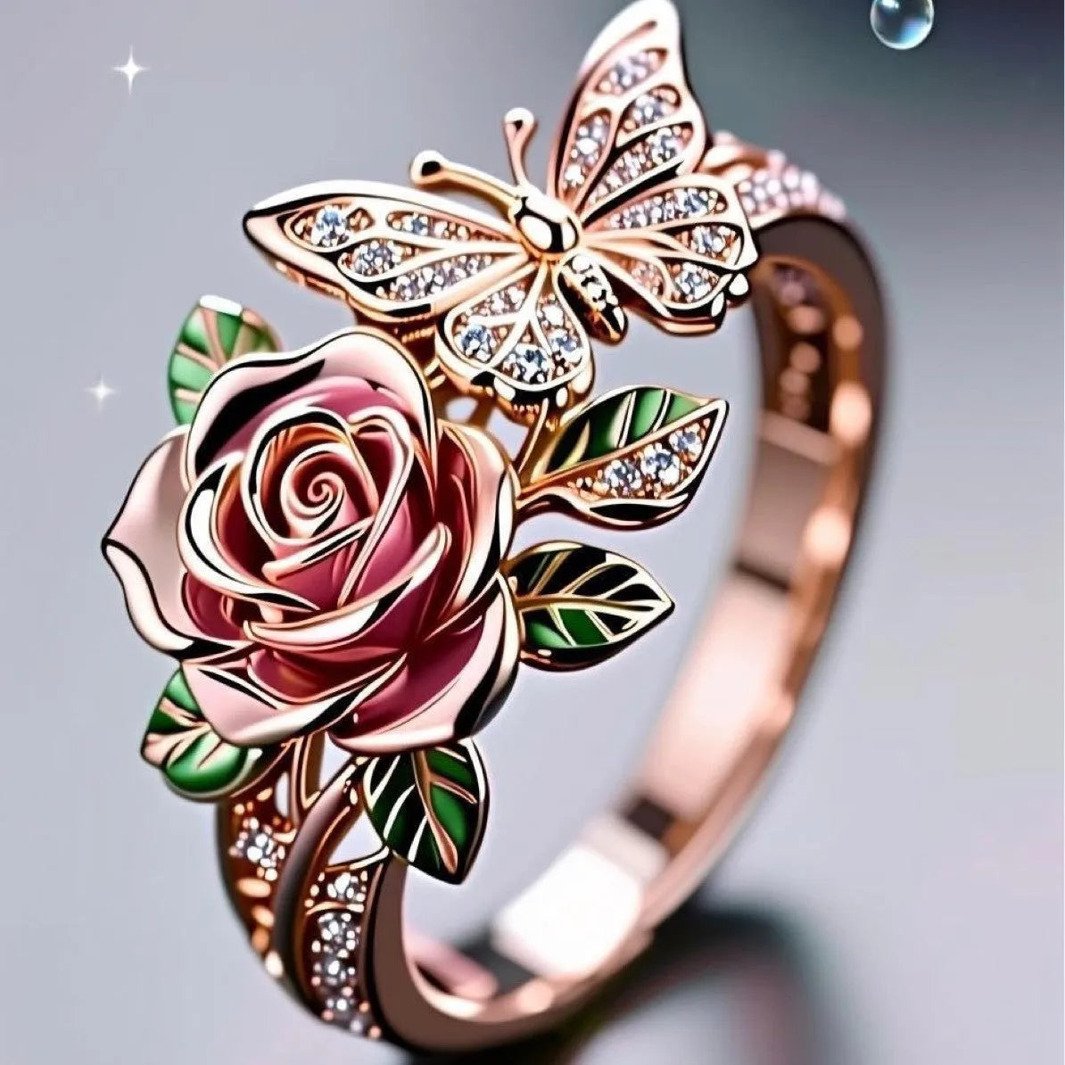 Adjustable fairy style butterfly ring with colourful oil droplet finish and rose leaf insect design