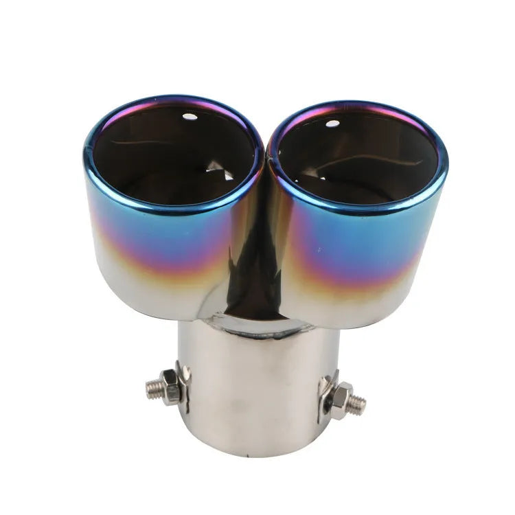 Stainless steel universal car exhaust tail pipe showing different finish options including silver black and baked blue