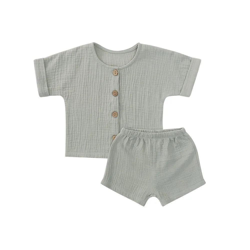 Children's 100% cotton short sleeve and trouser set in beige apricot or light green, sizes 73cm to 110cm