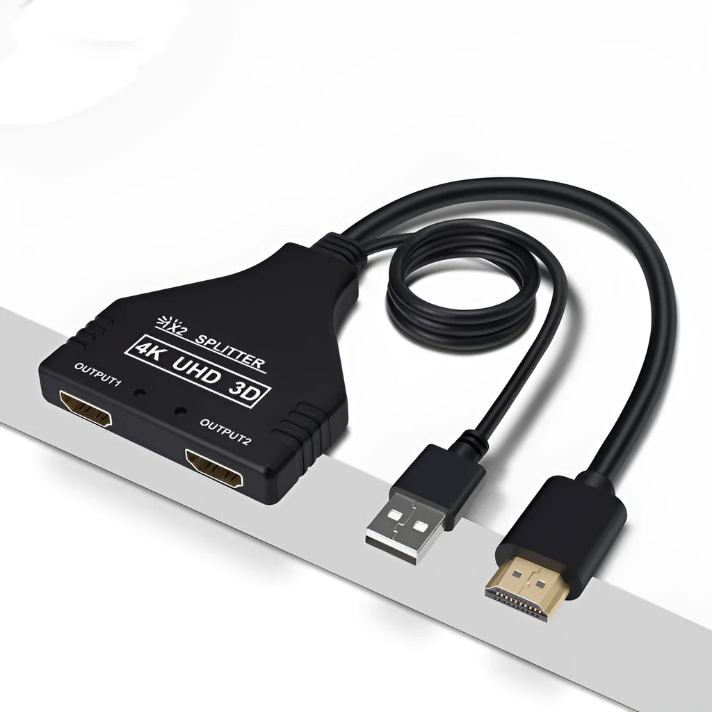 One divided into two HDMI distributor in black with USB power supply and 0.5 metre cable