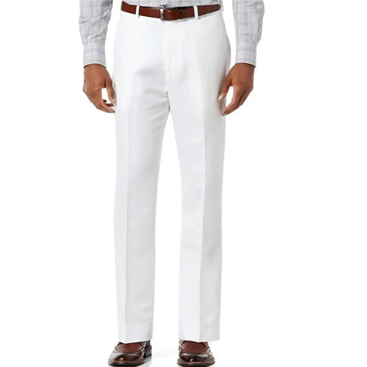 Men's solid colour linen cotton casual trousers with slant pockets laid flat.