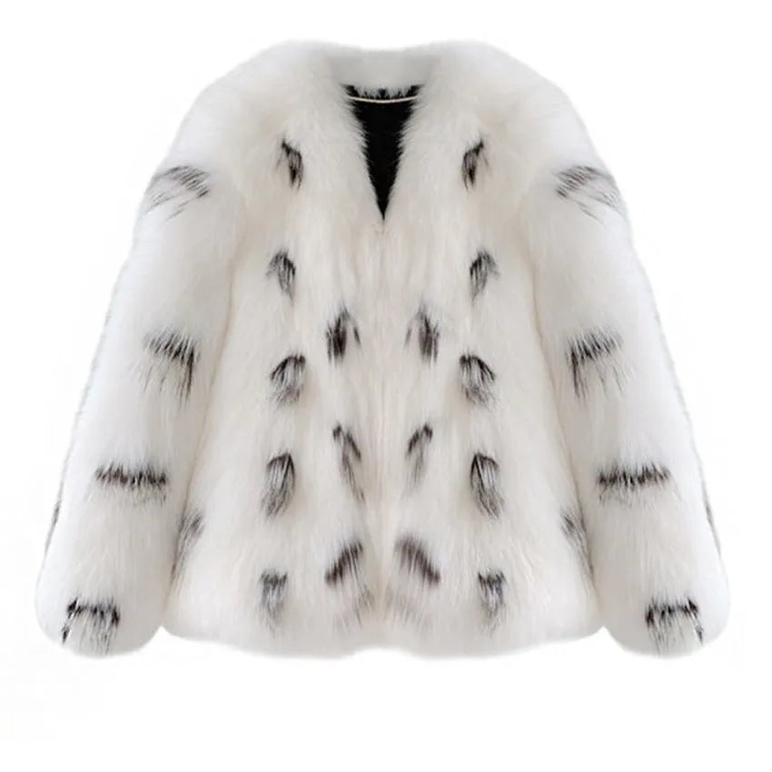 Women's black and white faux fur coat with Korean slim fit and 40cm short length