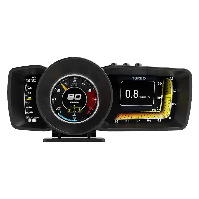 A600 vehicle monitor with 2.4-inch display showing GPS speed, fuel consumption and turbo boost readings