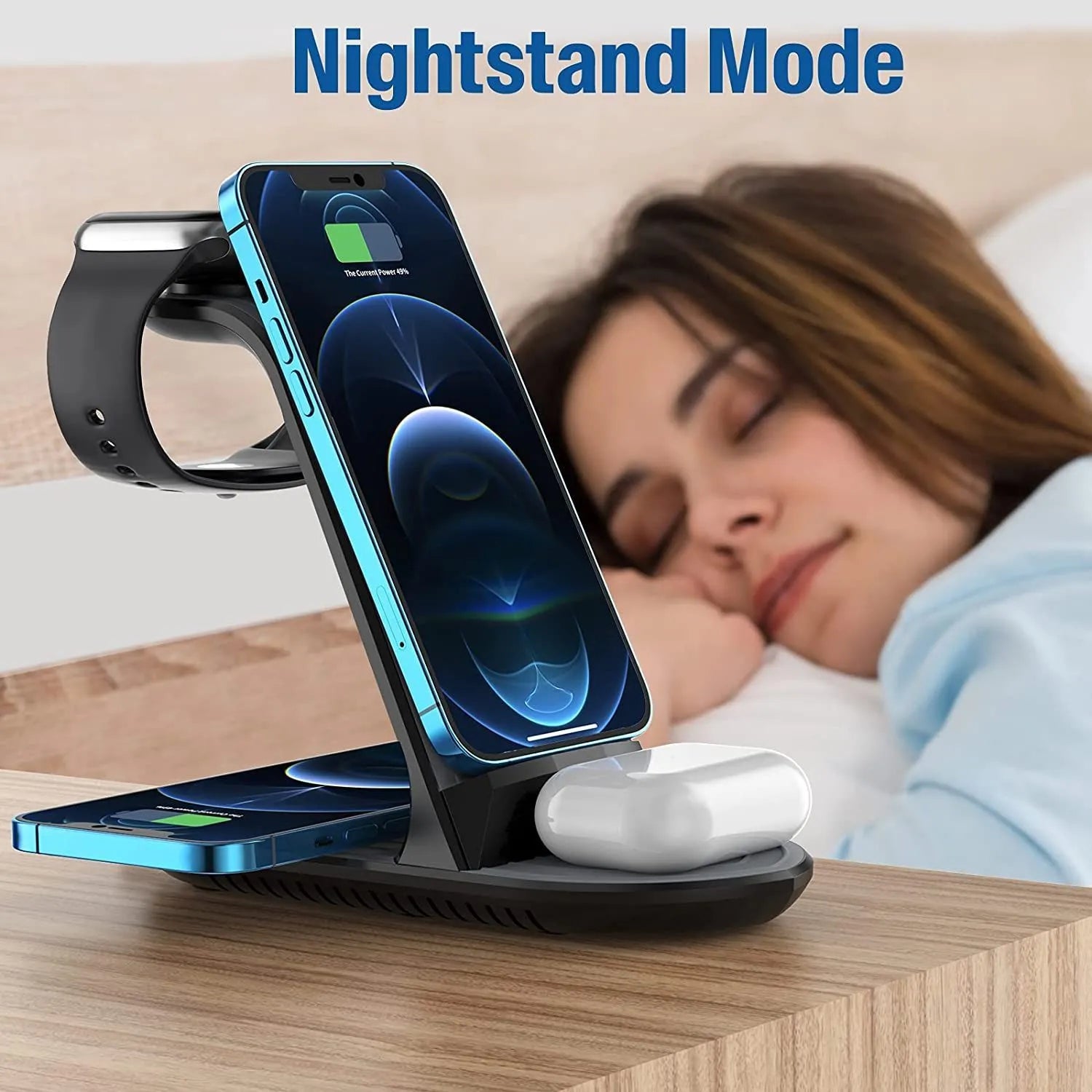 Four-in-one wireless charger in black for Apple iPhone, iWatch, and headset, with cable and adapter