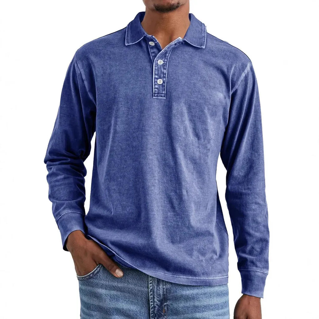 Men's retro washed distressed pure cotton lapel collar long sleeve polo shirt