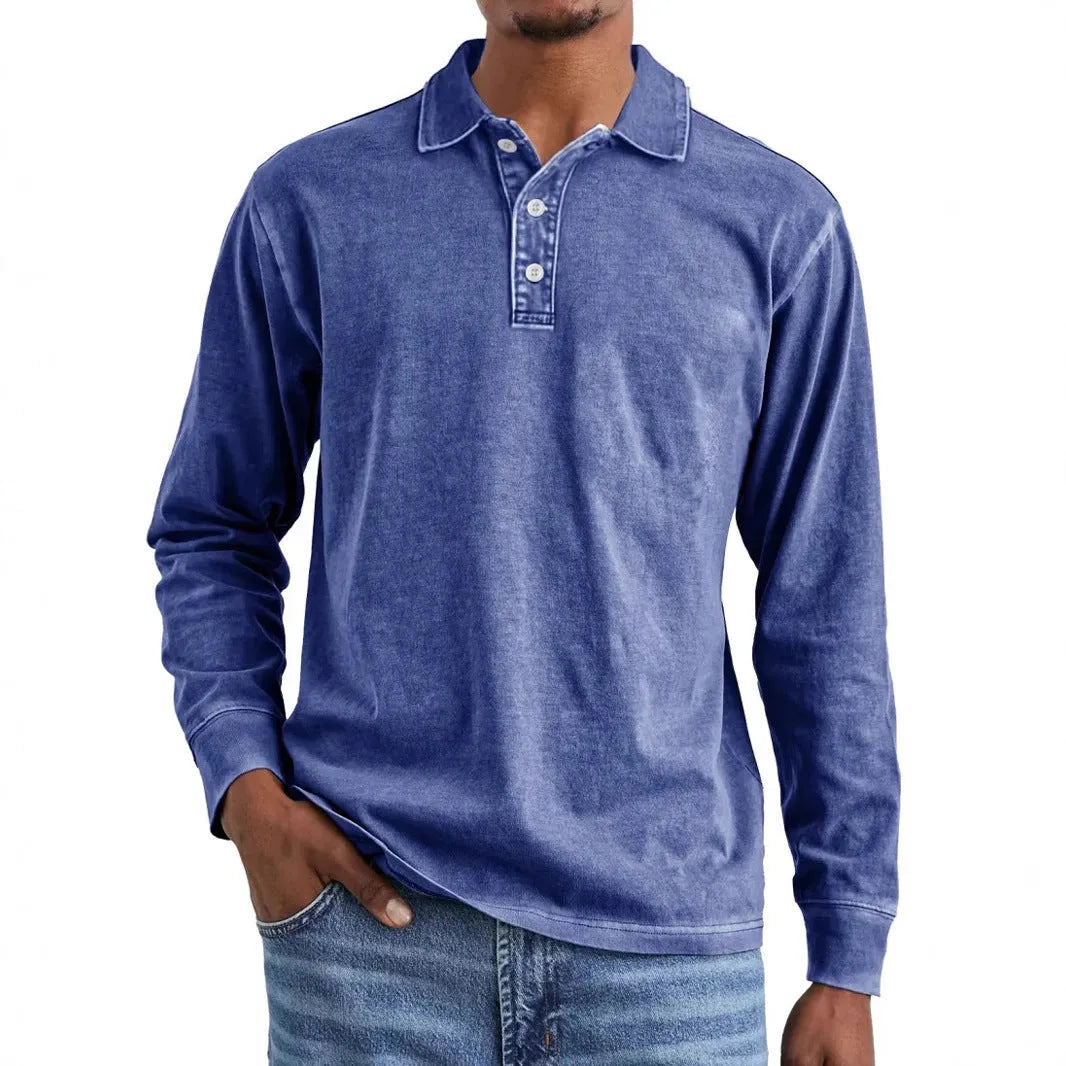 Men's retro washed distressed pure cotton lapel collar long sleeve polo shirt