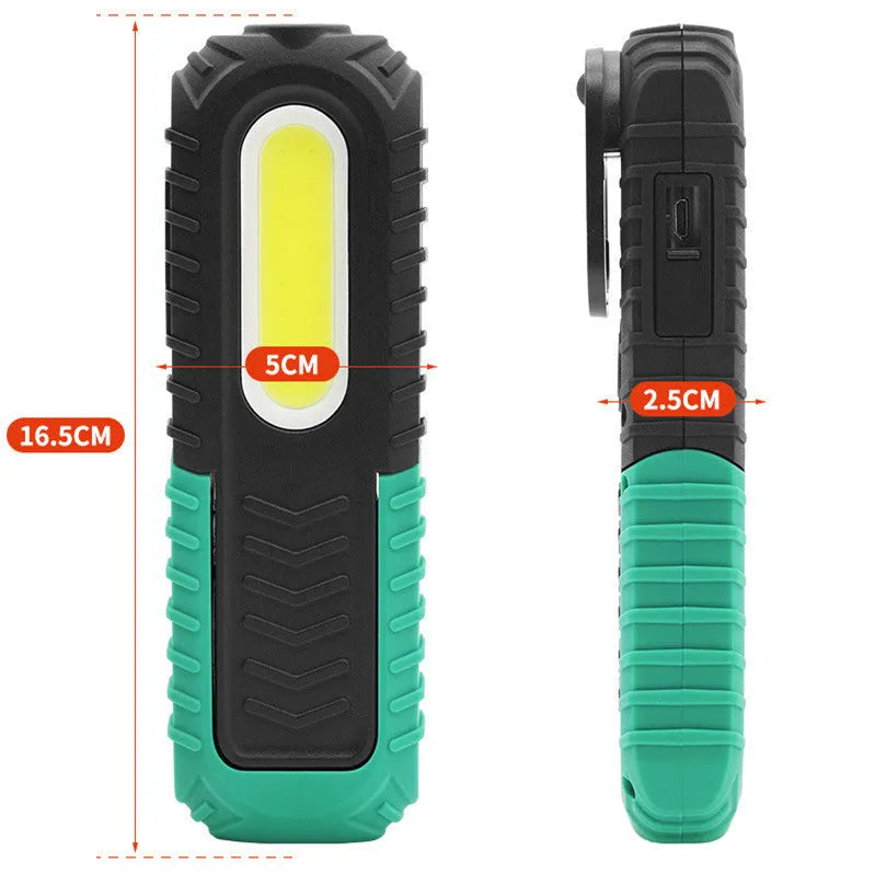 Black and green USB-rechargeable auto repair work light with compact ABS plastic body
