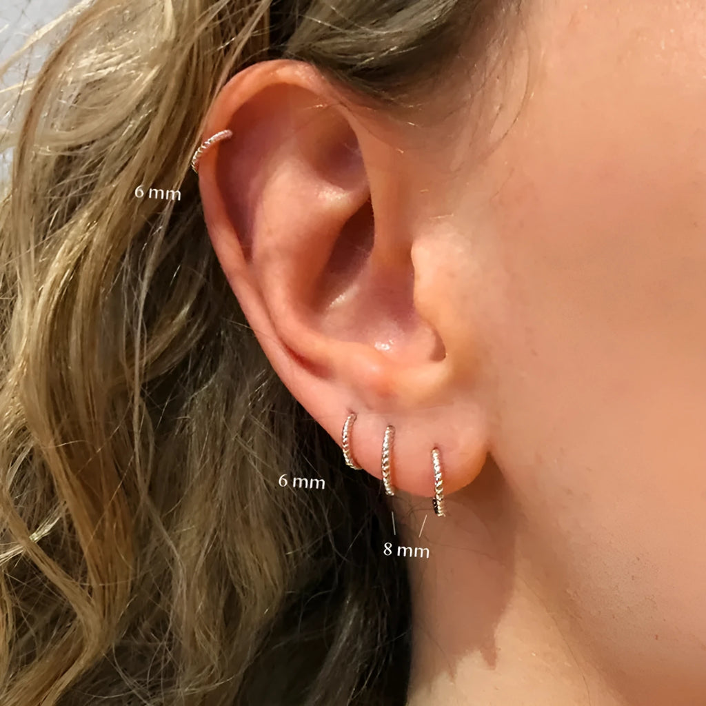 S925 sterling silver twist ring earrings in gold or white gold finish, available in 6mm 7mm 8mm 13mm sizes