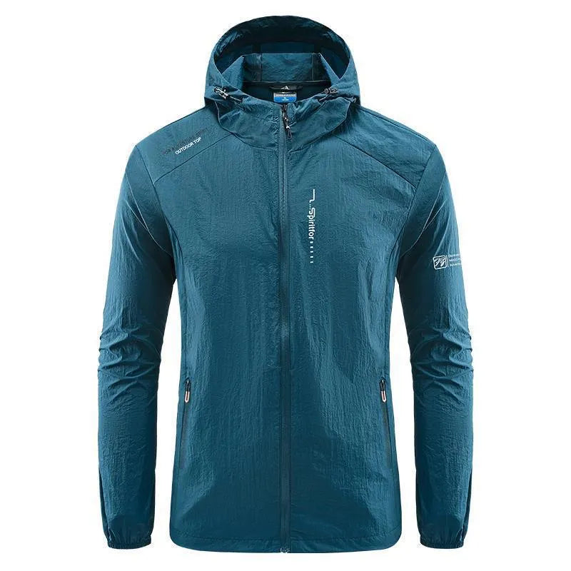 Men's lightweight hooded nylon summer jacket in loose fit, shown in light grey colour.