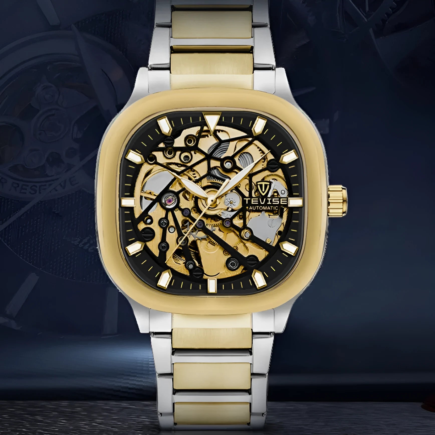 Men's waterproof automatic watch with luminous square hollow dial on stainless steel strap