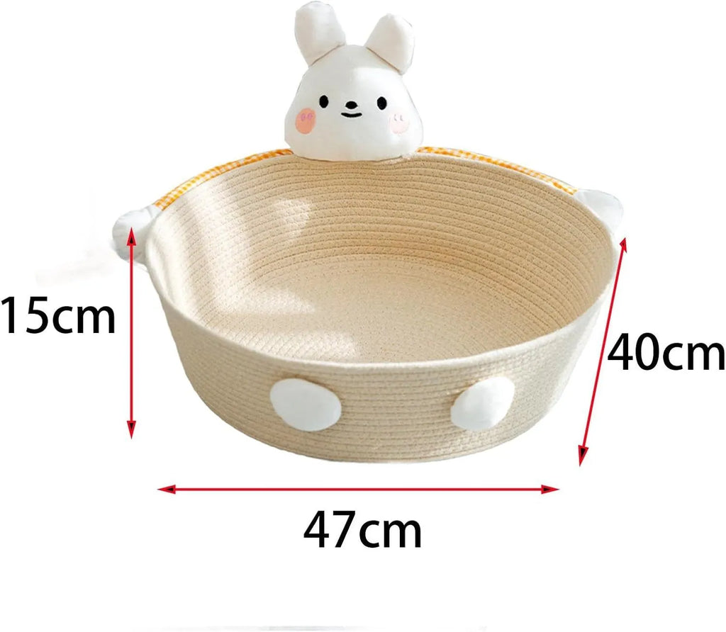 Woven cotton rope cat bed with integrated scratching board in basket design