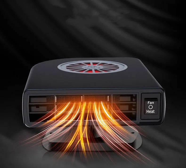 Black ABS vehicle-mounted heater measuring 11x6.5x14cm for 12V defrosting defogging and air purification